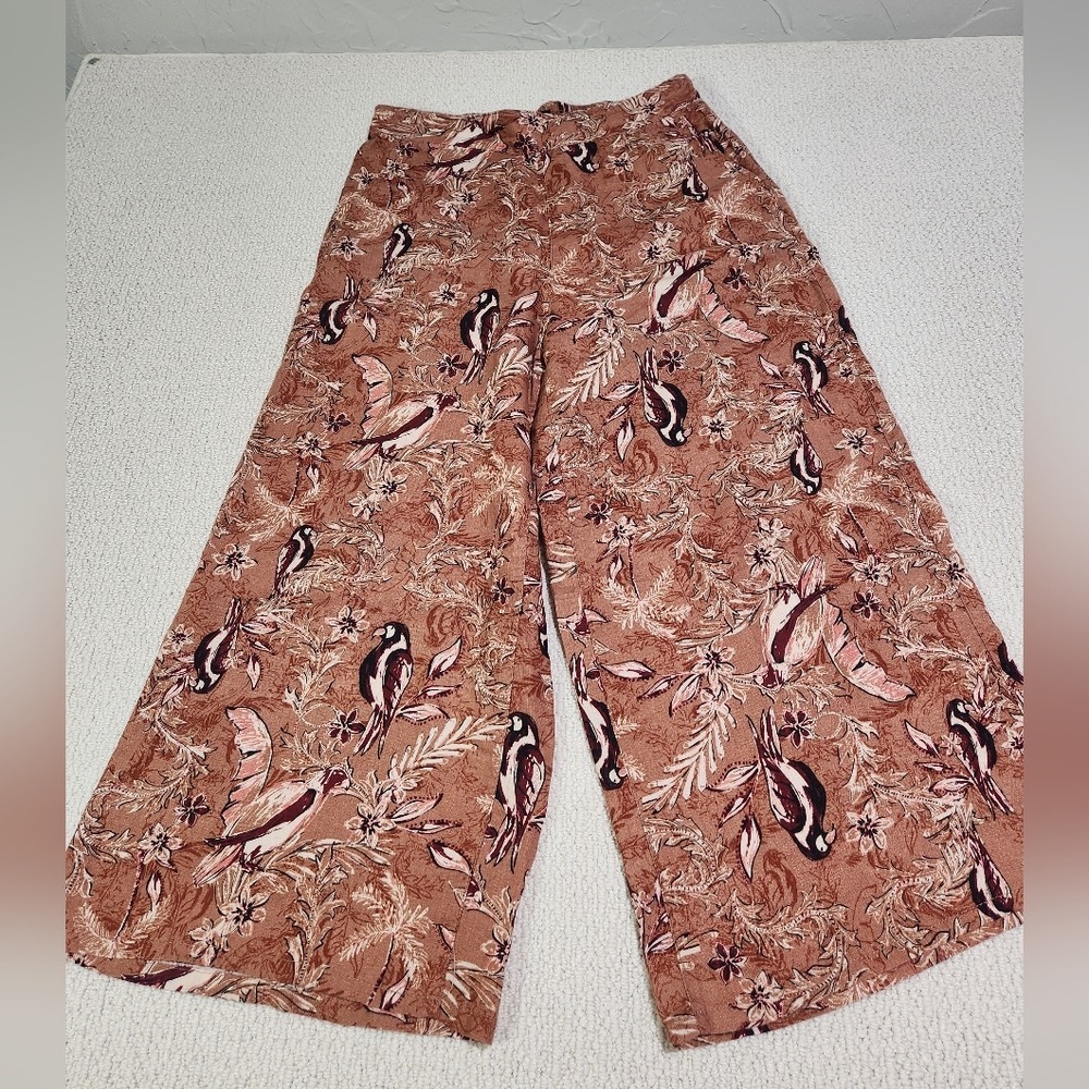 TAHARI 100% Linen Wide Leg Pants Rust Brown Bird Floral Print Womens Large